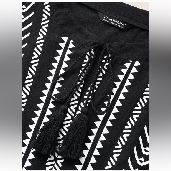 BloomChic Plus Size Geometric Bandana Print Knot Neck Tassel Trim Dress - Picture 4 of 7